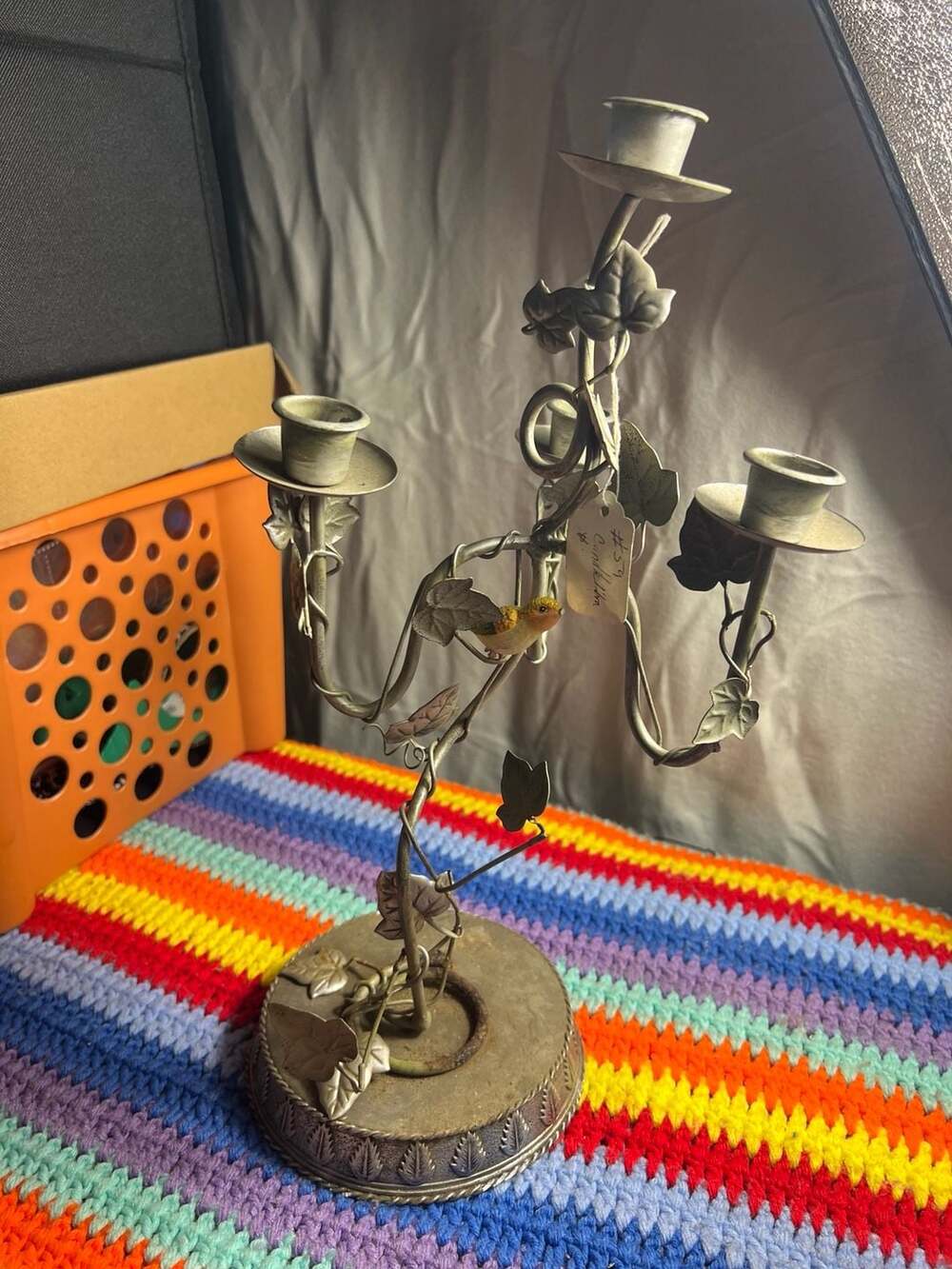 Vintage Style 3-Arm Metal Candelabra with Bird and Ivy Vine Detail